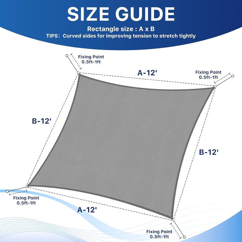 RoomHacks 12'x12' Sun Shade Sail, UV Protection Outdoor Shade, Curved Tear Resistant Heavy Duty Sun Shade for Patio Garden, Backyard, Deck, Car Port, Playground, (Grey) - Image 2